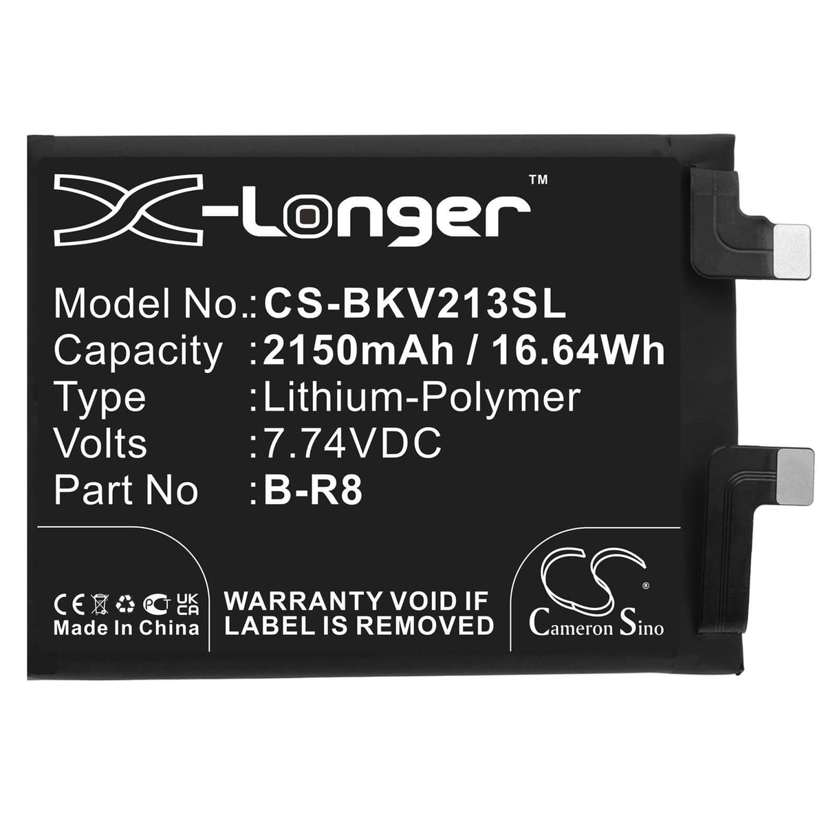 7.74V, Li-Polymer, 2150mAh, SmartPhone battery fits Vivo, B-r8, Iqoo 8, Iqoo 8 5g, 16.64Wh Mobile, SmartPhone Cameron Sino Technology Limited (Smartphone)