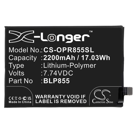 7.74V, Li-Polymer, 2200mAh, SmartPhone battery fits Oppo, Blp855, Pepm00, Reno6 Pro 5g, 17.03Wh Mobile, SmartPhone Cameron Sino Technology Limited (Smartphone)