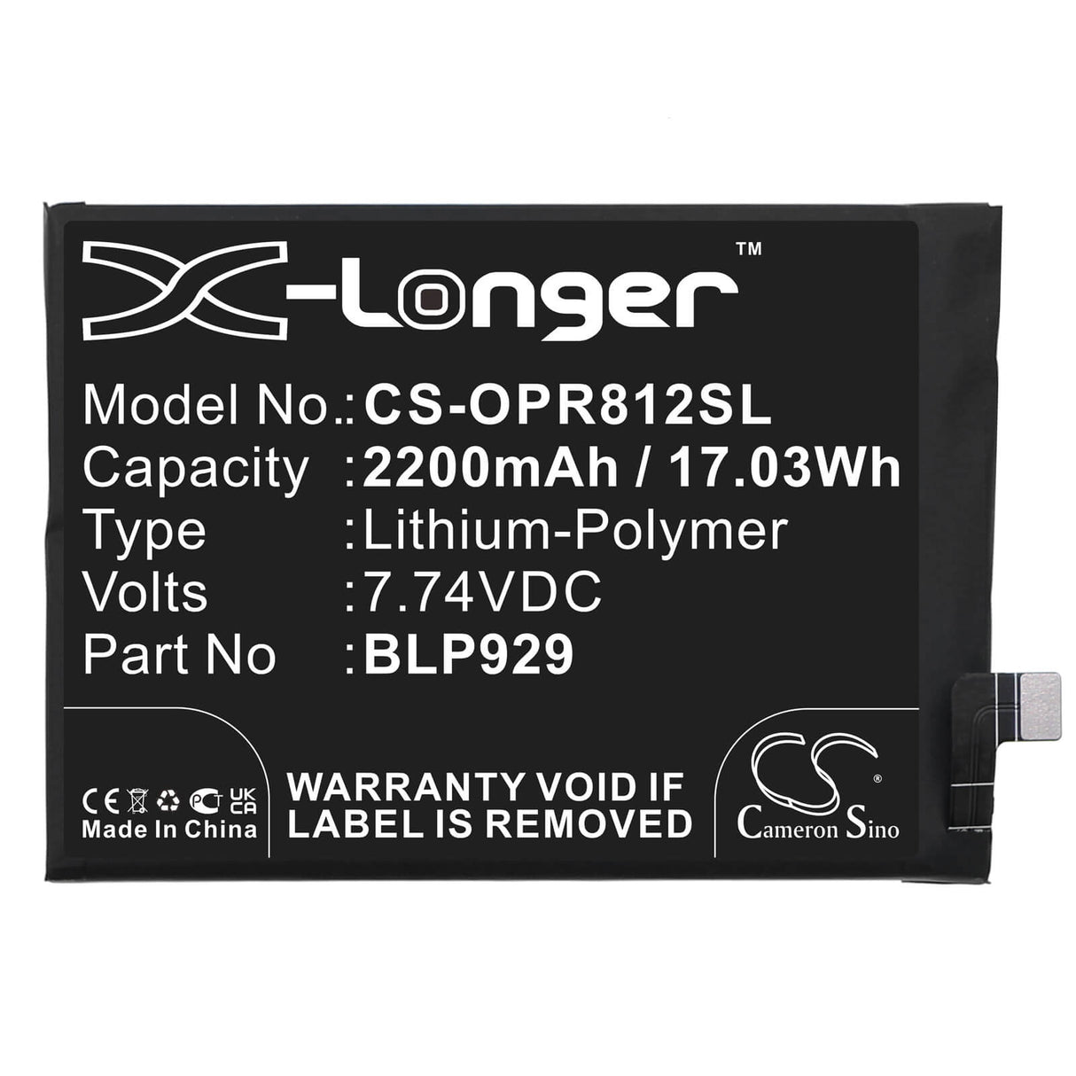 7.74V, Li-Polymer, 2200mAh, SmartPhone battery fits Oppo, Blp929, Pfzm10, Reno8 Pro+, 17.03Wh Mobile, SmartPhone Cameron Sino Technology Limited (Smartphone)