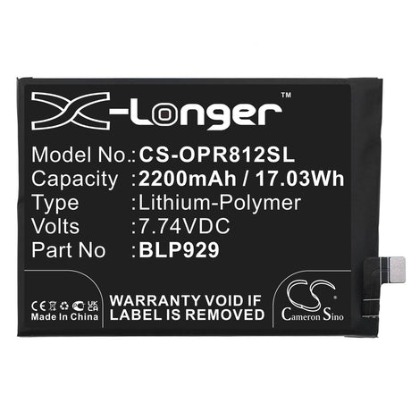 7.74V, Li-Polymer, 2200mAh, SmartPhone battery fits Oppo, Blp929, Pfzm10, Reno8 Pro+, 17.03Wh Mobile, SmartPhone Cameron Sino Technology Limited (Smartphone)