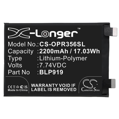 7.74V, Li-Polymer, 2200mAh, SmartPhone battery fits Oppo, Blp919, Realme Gt Neo3 5g, Realme Gt Neo3 5g 2022 80w, 17.03Wh Mobile, SmartPhone Cameron Sino Technology Limited (Smartphone)