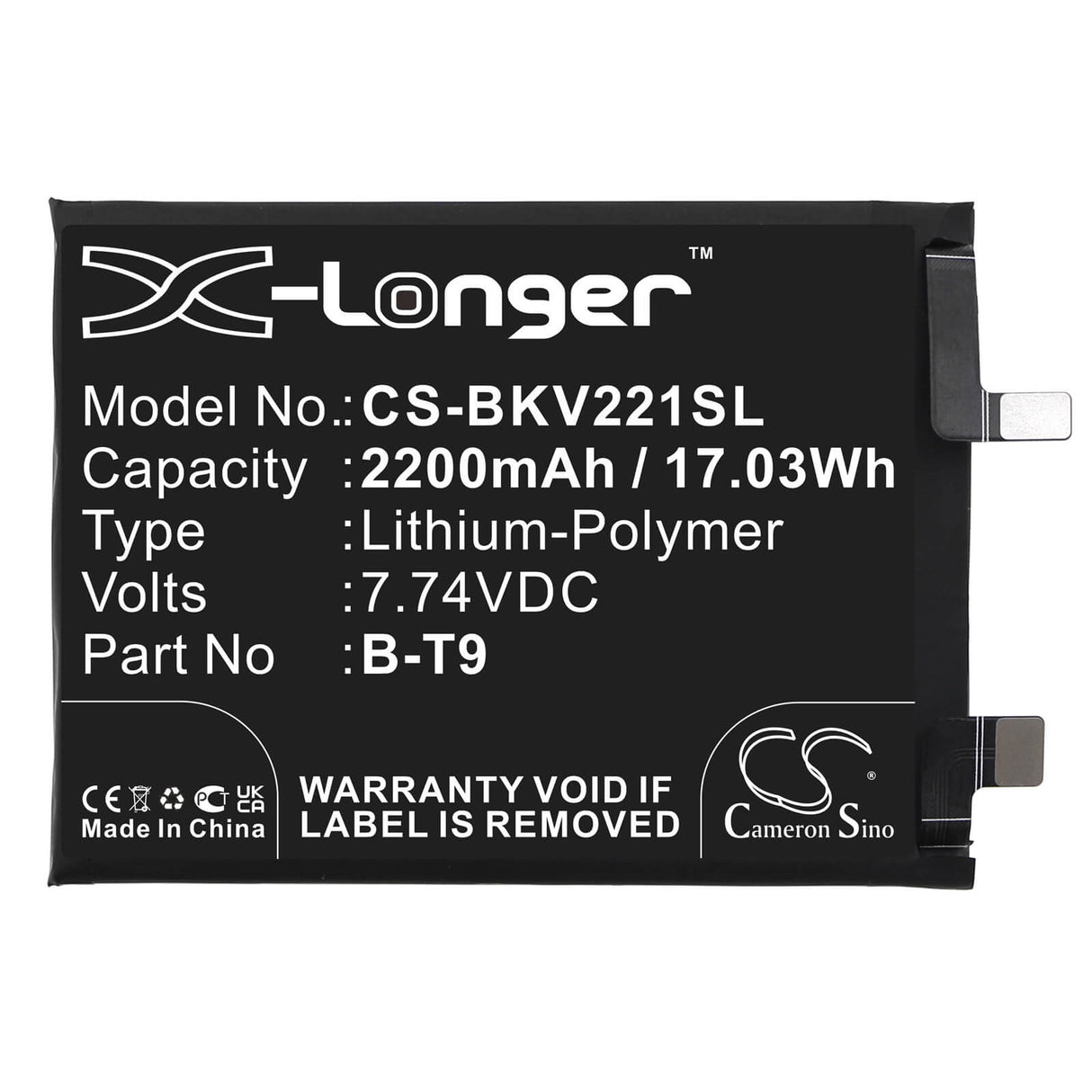 7.74V, Li-Polymer, 2200mAh, SmartPhone battery fits Vivo, B-t9, I2201, Iqoo 10 5g, 17.03Wh Mobile, SmartPhone Cameron Sino Technology Limited (Smartphone)