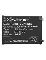 7.74V, Li-Polymer, 2200mAh, SmartPhone battery fits Xiaomi, Bp43, Mix 4, 17.03Wh Mobile, SmartPhone Cameron Sino Technology Limited (Smartphone)