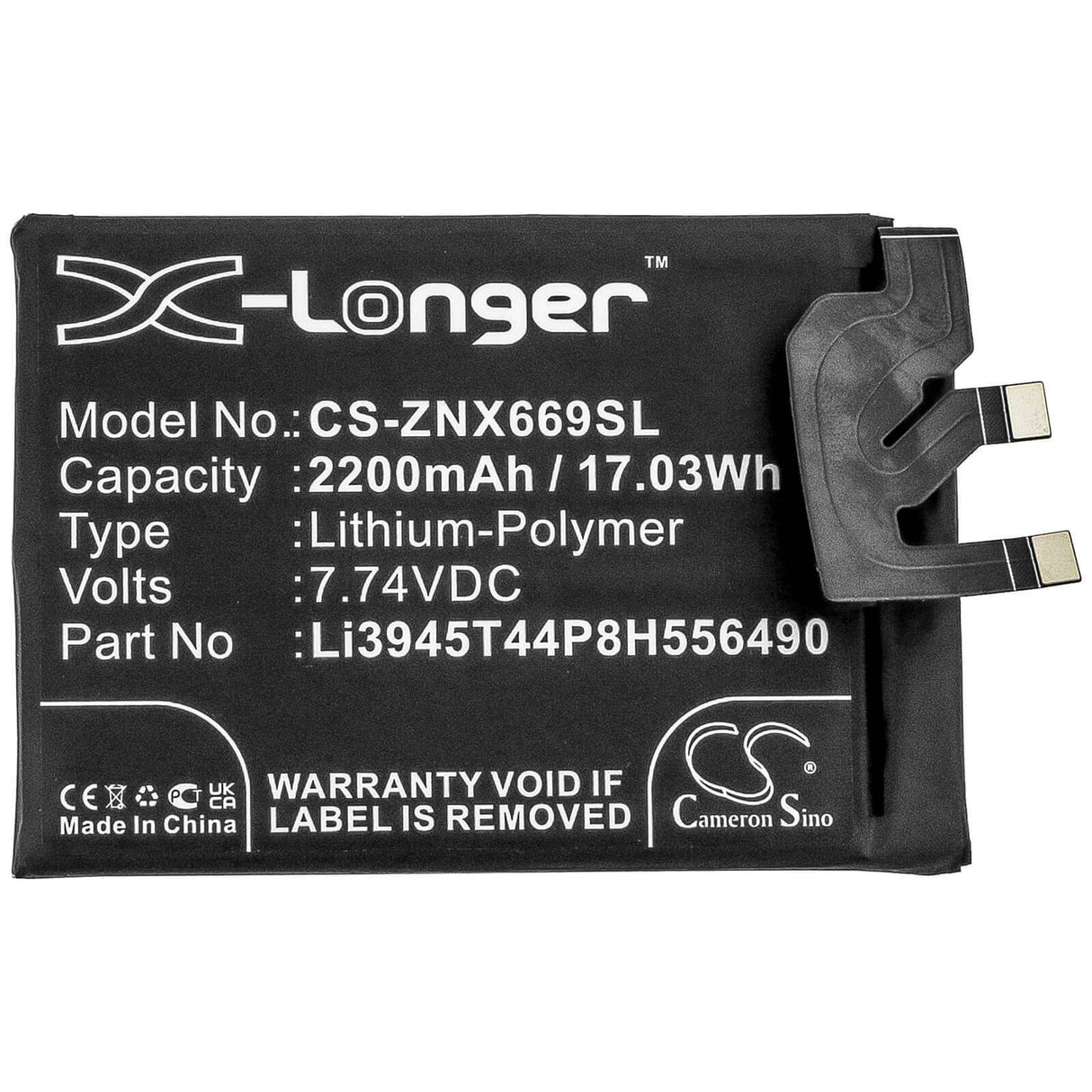 7.74V, Li-Polymer, 2200mAh, SmartPhone battery fits Zte, Li3945t44p8h556490, Nubia Red Magic 6 Pro, Nx669j-p, 17.03Wh Mobile, SmartPhone Cameron Sino Technology Limited (Smartphone)