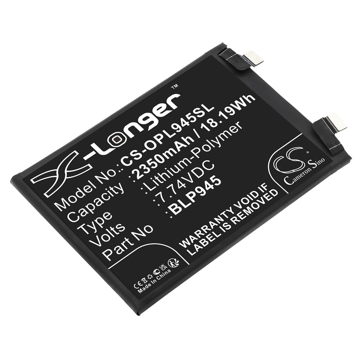 7.74V, Li-Polymer, 2350mAh, SmartPhone battery fits Oneplus, Blp945, 10t 5g, Ace Pro, 18.19Wh Mobile, SmartPhone Cameron Sino Technology Limited (Smartphone)
