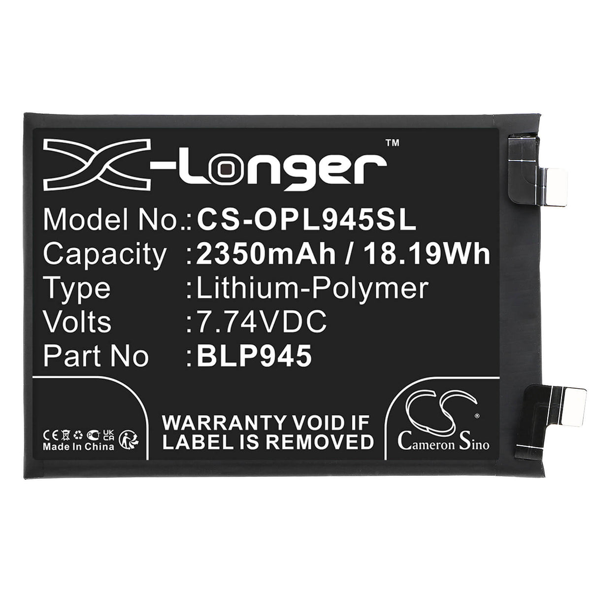 7.74V, Li-Polymer, 2350mAh, SmartPhone battery fits Oneplus, Blp945, 10t 5g, Ace Pro, 18.19Wh Mobile, SmartPhone Cameron Sino Technology Limited (Smartphone)