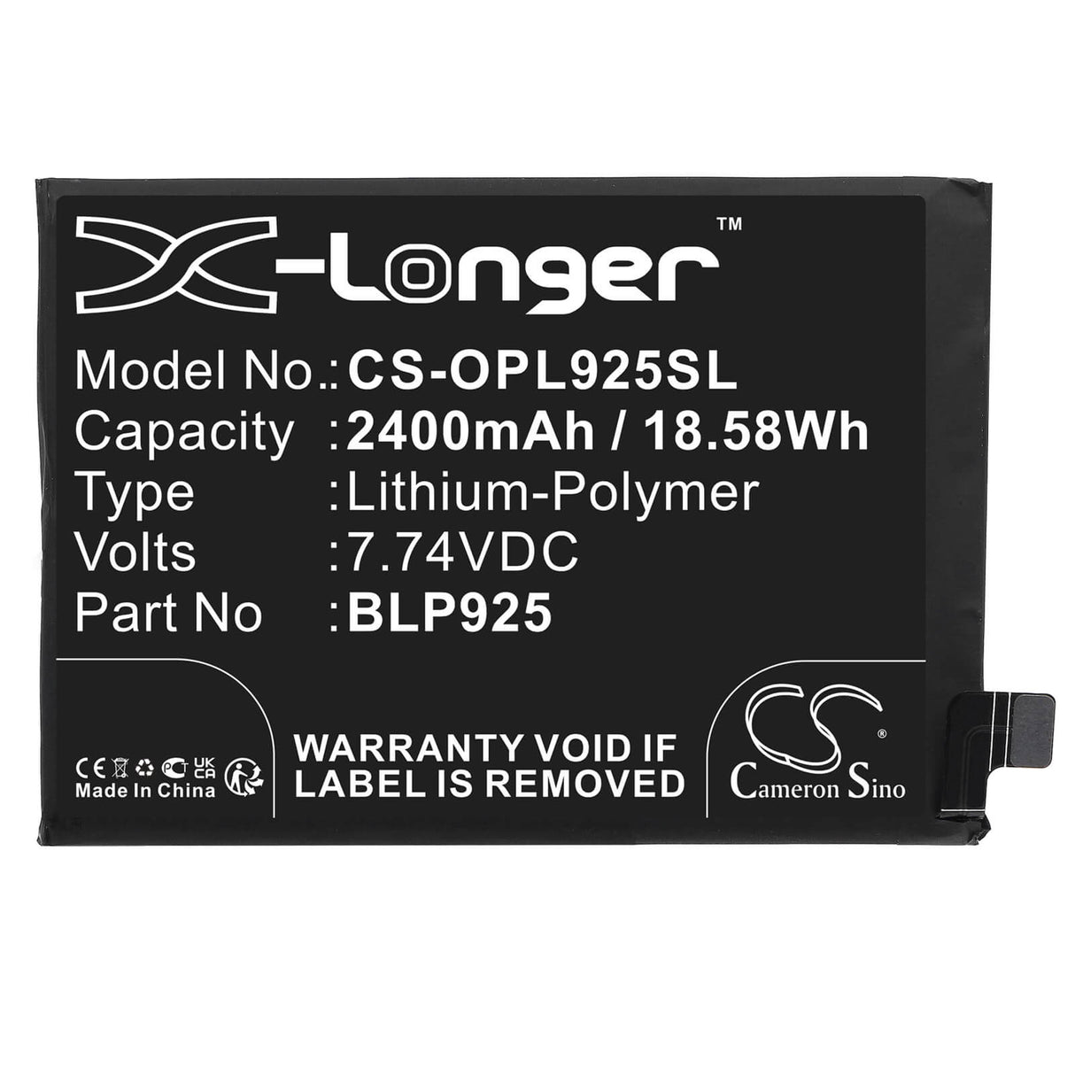 7.74V, Li-Polymer, 2400mAh, SmartPhone battery fits Oppo, Oneplus, Blp925, 10r, 10r 5g 2022, 18.58Wh Mobile, SmartPhone Cameron Sino Technology Limited (Smartphone)