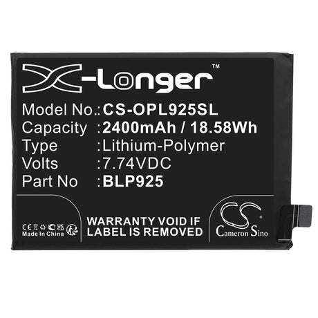 7.74V, Li-Polymer, 2400mAh, SmartPhone battery fits Oppo, Oneplus, Blp925, 10r, 10r 5g 2022, 18.58Wh Mobile, SmartPhone Cameron Sino Technology Limited (Smartphone)