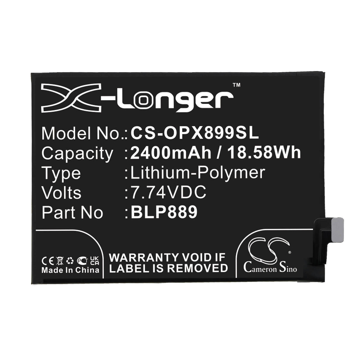 7.74V, Li-Polymer, 2400mAh, SmartPhone battery fits Oppo, Blp889, Cph2305, Find X5 Pro, 18.58Wh Mobile, SmartPhone Cameron Sino Technology Limited (Smartphone)