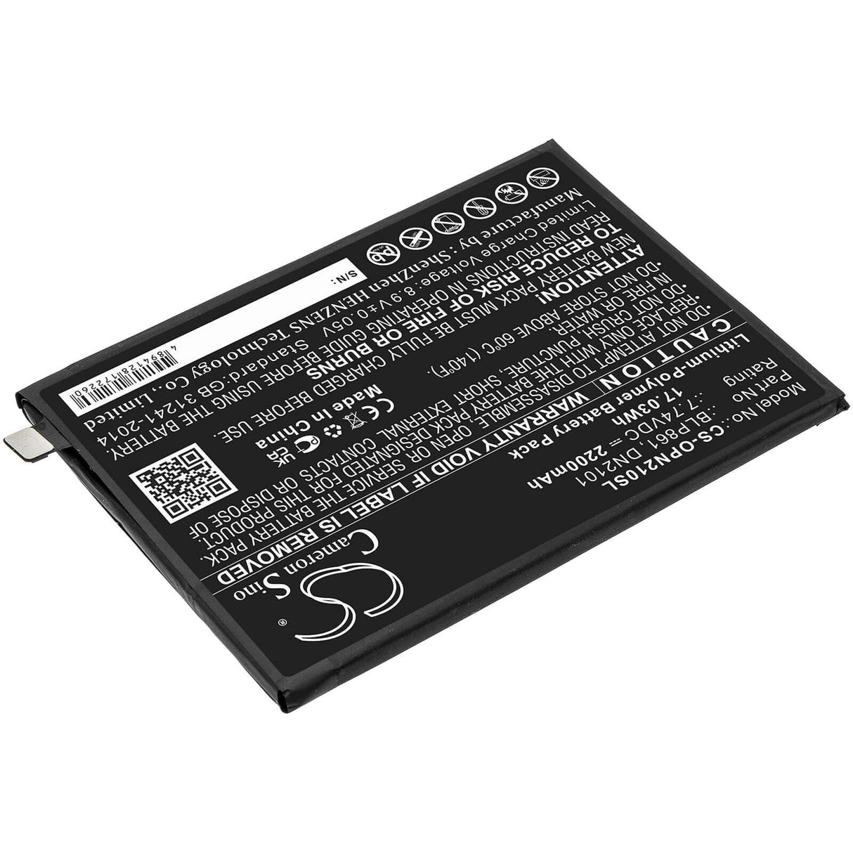 7.74V, Li-Polymer, 2200mAh, SmartPhone battery fits Oneplus, Blp861, 9rt 5g, Eb2101, 17.03Wh Mobile, SmartPhone Cameron Sino Technology Limited (Smartphone)