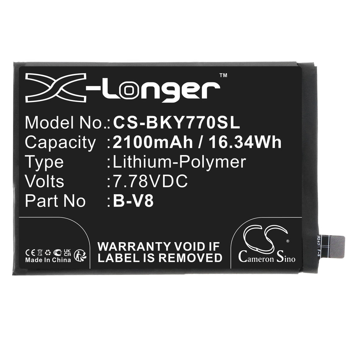 7.78V, Li-Polymer, 2100mAh, SmartPhone battery fits Vivo, B-v8, V2169, Y77, 16.34Wh Mobile, SmartPhone Cameron Sino Technology Limited (Smartphone)