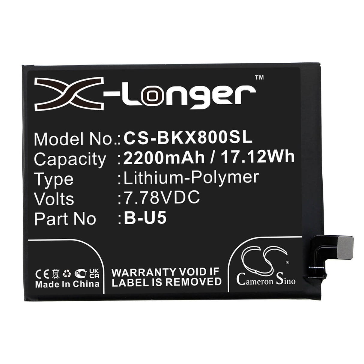 7.78V, Li-Polymer, 2200mAh, SmartPhone battery fits Vivo, B-u5, V2144, V2183a, 17.12Wh Mobile, SmartPhone Cameron Sino Technology Limited (Smartphone)