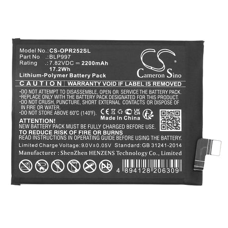 7.82V, Li-Polymer, 2200mAh, SmartPhone battery fits Oppo, Blp997, Cph2525, Cph2541, 17.2Wh Mobile, SmartPhone Cameron Sino Technology Limited (Smartphone)