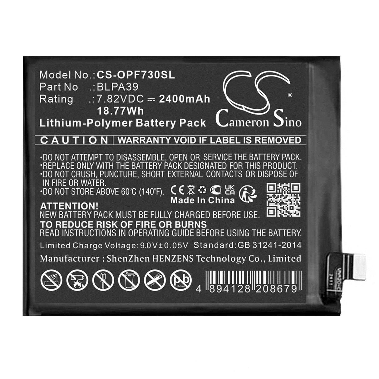 7.82V, Li-Polymer, 2400mAh, SmartPhone battery fits Oppo, Blpa39, Find X7, Phz110, 18.77Wh Mobile, SmartPhone Cameron Sino Technology Limited (Smartphone)