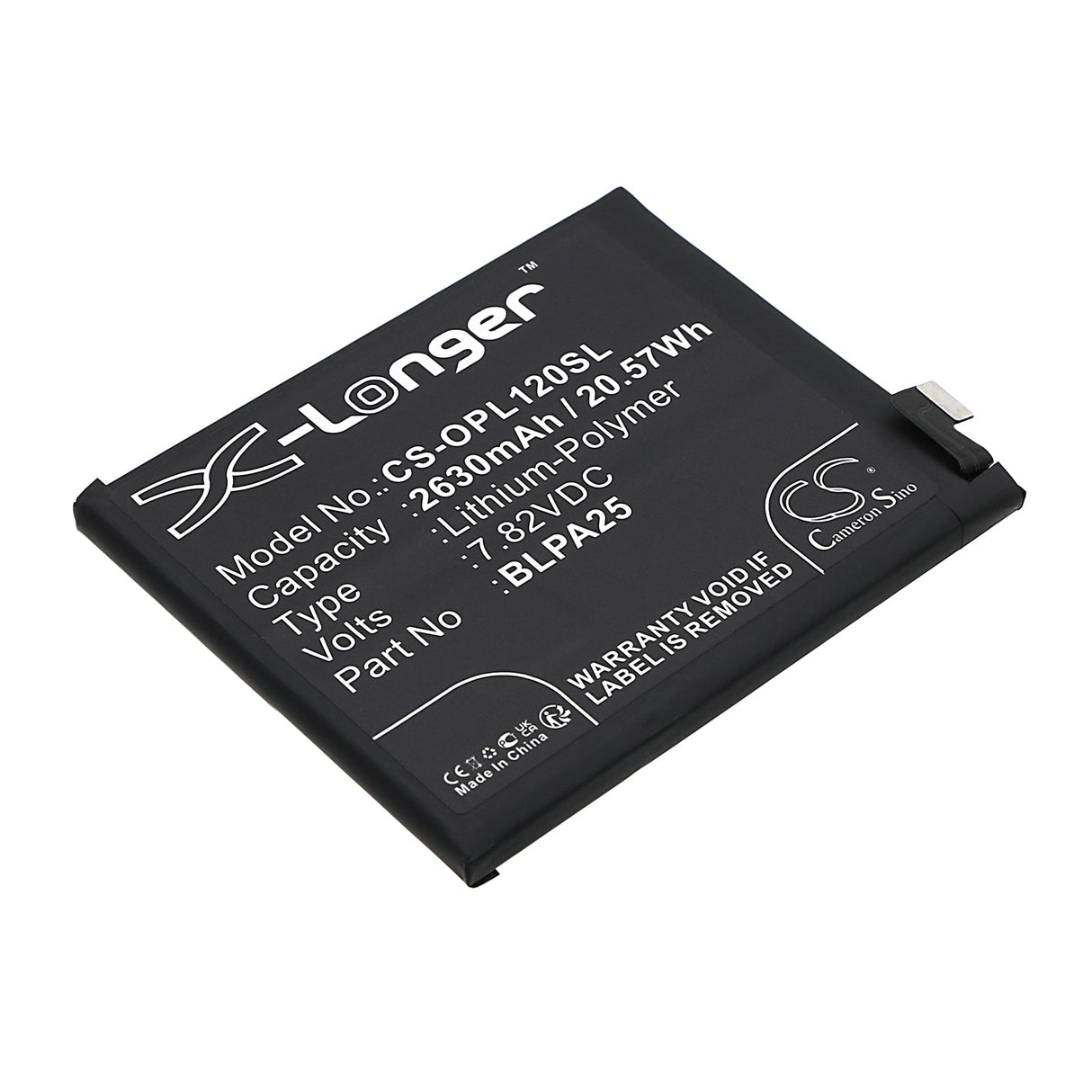 7.82V, Li-Polymer, 2630mAh, SmartPhone battery fits Oneplus, Blpa25, 12, Pjd110, 20.57Wh Mobile, SmartPhone Cameron Sino Technology Limited (Smartphone)