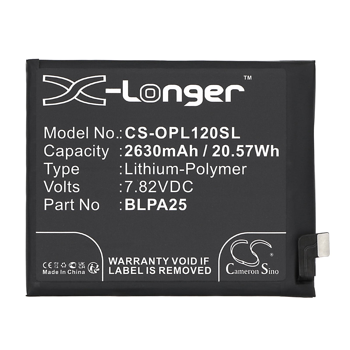 7.82V, Li-Polymer, 2630mAh, SmartPhone battery fits Oneplus, Blpa25, 12, Pjd110, 20.57Wh Mobile, SmartPhone Cameron Sino Technology Limited (Smartphone)