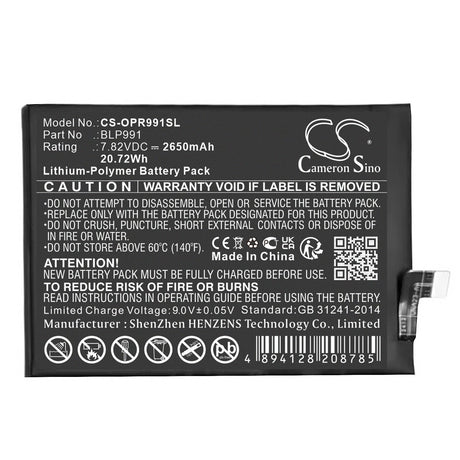 7,82V, Li-Polymer, 2650mAh, batterie de smartphone compatible avec Oppo, Realme, Blp991, Realme Gt Neo 5se, 20,72Wh Mobile, Smartphone Cameron Sino Technology Limited (Smartphone)