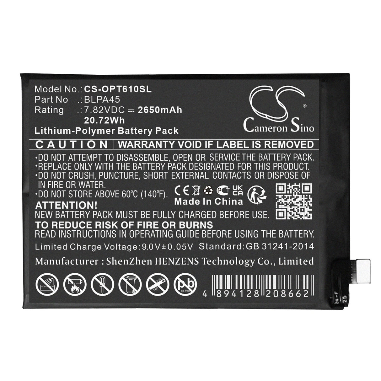 7.82V, Li-Polymer, 2650mAh, batterie de smartphone compatible avec Oppo, Realme, Blpa45, Realme Gt Neo6 Se, 20.72Wh Mobile, Smartphone Cameron Sino Technology Limited (Smartphone)