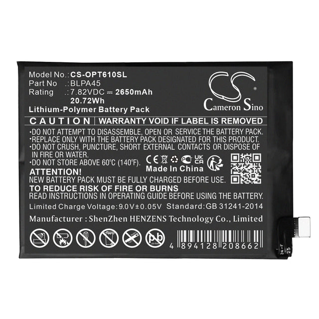 7.82V, Li-Polymer, 2650mAh, batterie de smartphone compatible avec Oppo, Realme, Blpa45, Realme Gt Neo6 Se, 20.72Wh Mobile, Smartphone Cameron Sino Technology Limited (Smartphone)
