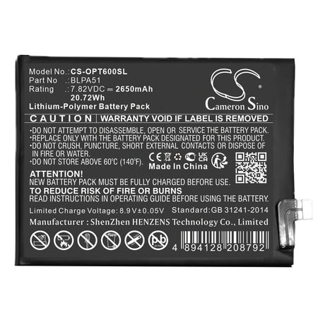 7,82V, Li-Polymer, 2650mAh, batterie de smartphone compatible avec Realme, Oppo, Blpa51, Realme Gt 6t, 20,72Wh Mobile, Smartphone Cameron Sino Technology Limited (Smartphone)