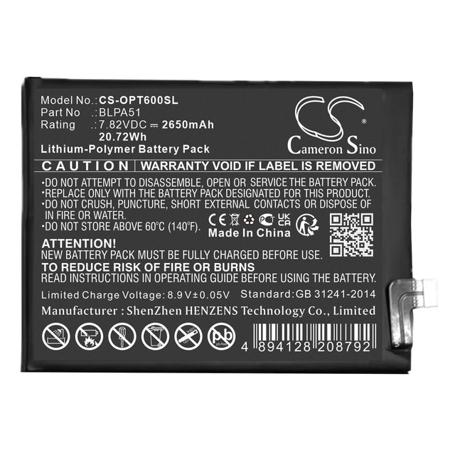 7,82V, Li-Polymer, 2650mAh, batterie de smartphone compatible avec Realme, Oppo, Blpa51, Realme Gt 6t, 20,72Wh Mobile, Smartphone Cameron Sino Technology Limited (Smartphone)