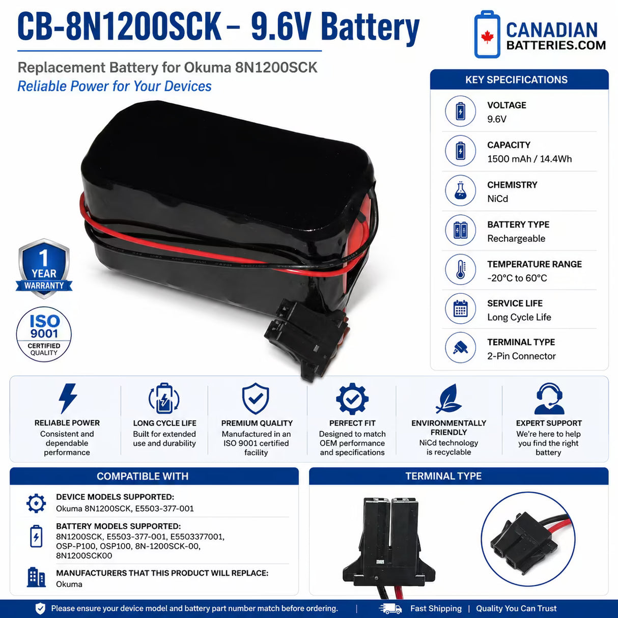 Okuma 8N1200SCK Replacement Battery 9.6V 1500mAh NiCd Robotics Battery BB Generic