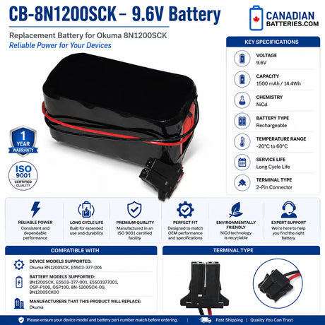 Okuma 8N1200SCK Replacement Battery 9.6V 1500mAh NiCd Robotics Battery BB Generic
