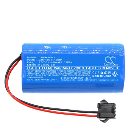 9.6V, LiFePO4, 1800mAh, Vacuum battery fits Pure Clean, Pucrcx70, 17.28Wh Vacuum Cameron Sino Technology Limited