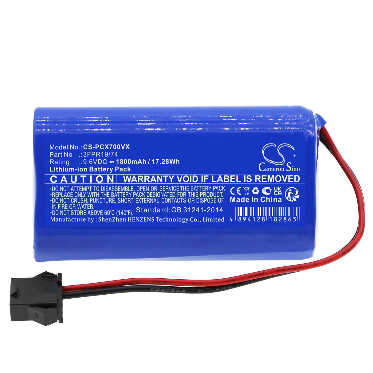9.6V, LiFePO4, 1800mAh, Vacuum battery fits Pure Clean, Pucrcx70 ( Version 2 ), 17.28Wh Vacuum Cameron Sino Technology Limited