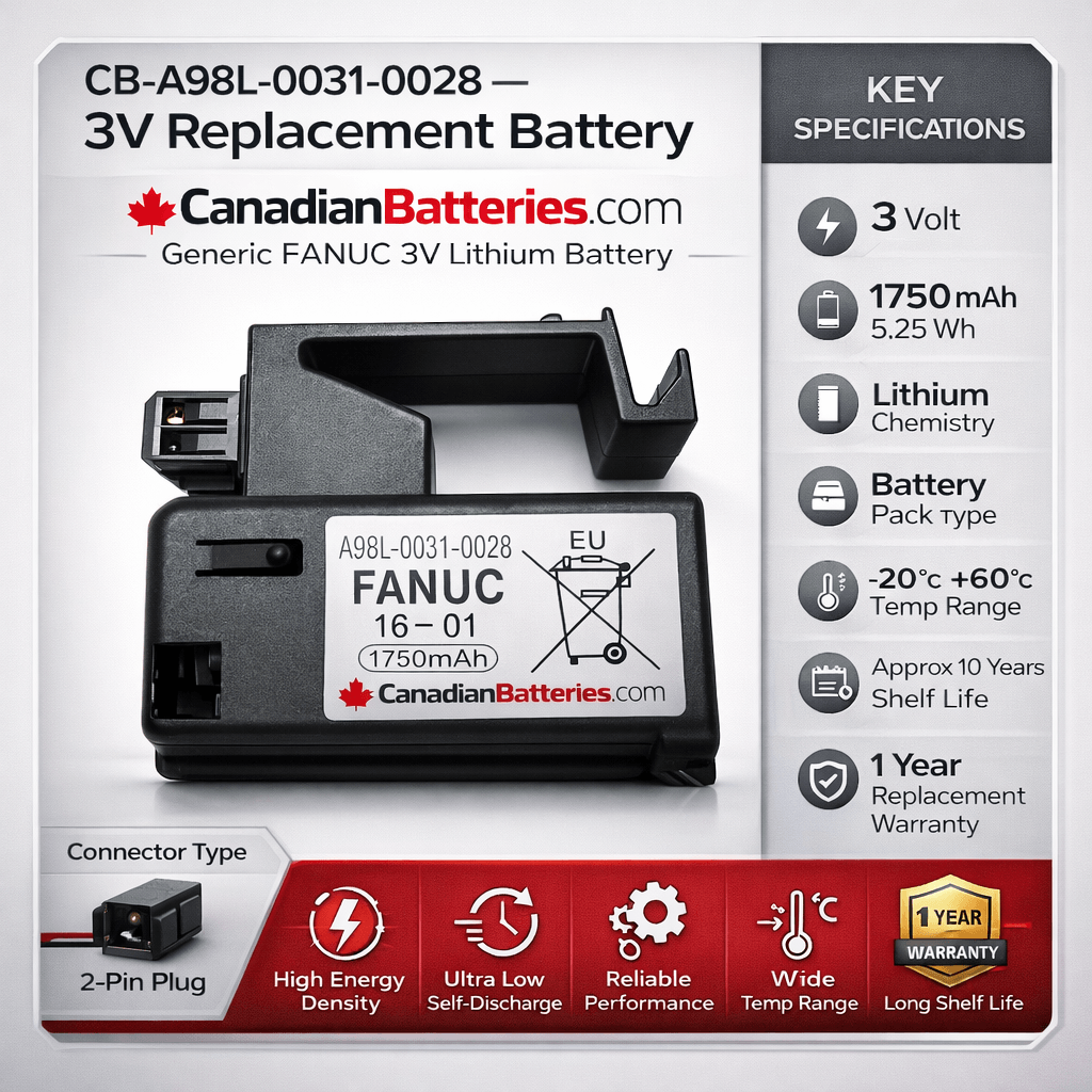 Battery For Fanuc A98l-0031-0028, A02b-0323-k102 Single Cell 3v In Cartridge 3v, 1750 Mah - 5.25wh Robotics Battery BB Generic