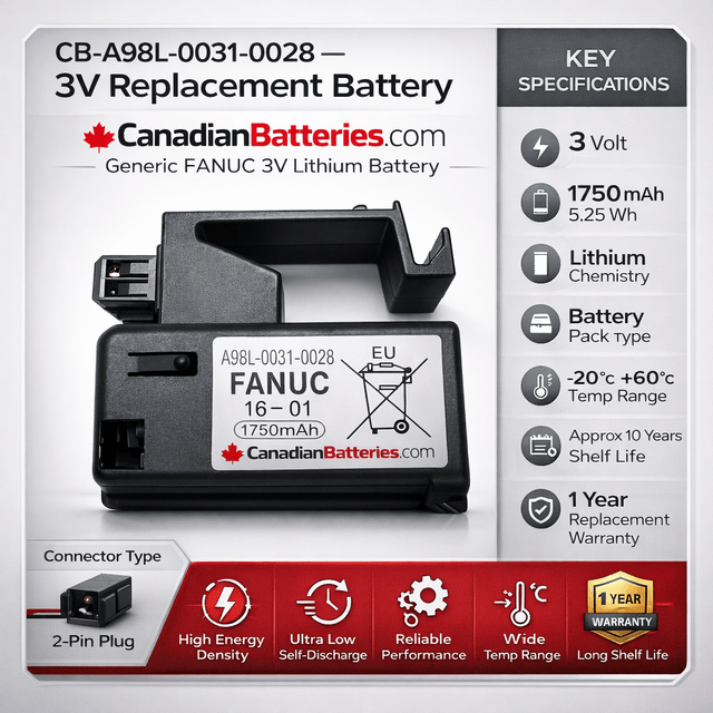Battery For Fanuc A98l-0031-0028, A02b-0323-k102 Single Cell 3v In Cartridge 3v, 1750 Mah - 5.25wh Robotics Battery BB Generic