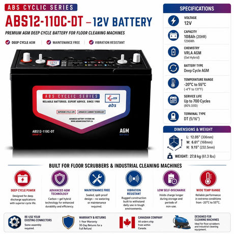 12 Volt 108 Amp Hour Deep Cycle AGM battery (Group 27) for Floor Scrubbers & Equipment Sealed Lead Acid (Special) ABS