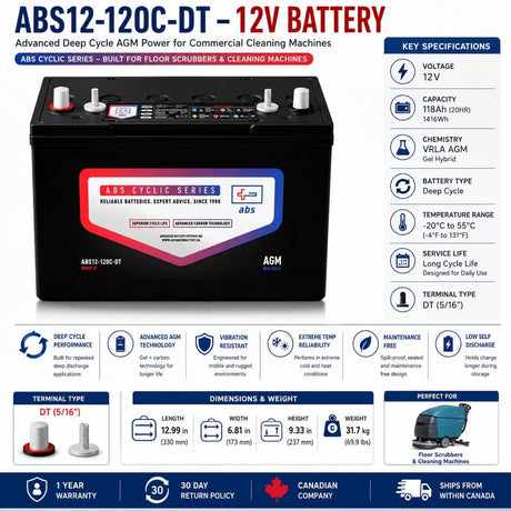 12 Volt 118 Amp Hour Deep Cycle AGM battery for Floor Scrubbers & Equipment Sealed Lead Acid (Special) ABS