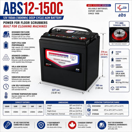 12 Volt 150 Amp Hour Deep Cycle AGM battery (GC12) for Floor Scrubbers & Equipment Sealed Lead Acid (Special) ABS