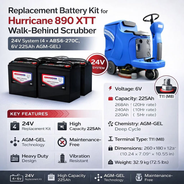 Hurricane 890 XTT Scrubber Battery Replacement – 24V Kit (4 × ABS6-270C 6V 225Ah AGM-GEL Deep Cycle) Sealed Lead Acid ABS