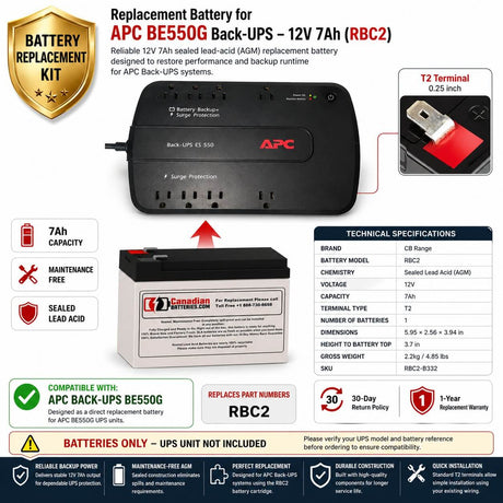 Be550g Apc Back UPS Battery, 1 X 12V 7Ah UPS Batteries CB Range Standard 7Ah AGM battery