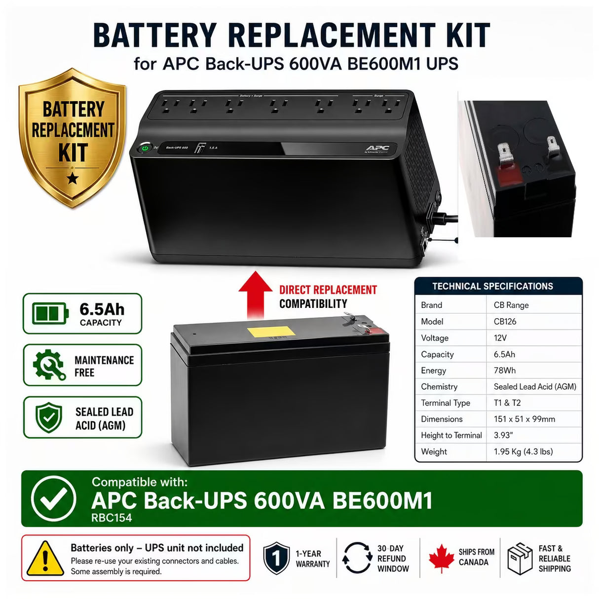 UPS Battery For APC Back-UPS 600VA BE600M1, 1 X 12v, 6.5ah - 78wh UPS Batteries CB Range