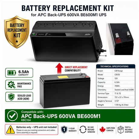 UPS Battery For APC Back-UPS 600VA BE600M1, 1 X 12v, 6.5ah - 78wh UPS Batteries CB Range