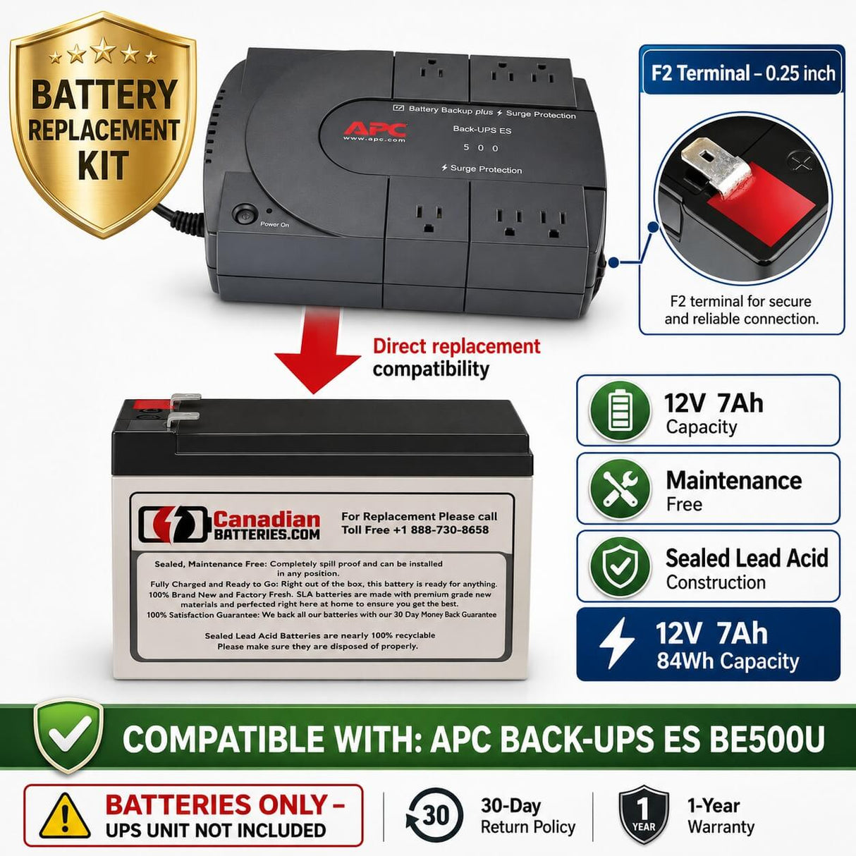 UPS Battery for APC Back-UPS ES BE500U Replacement – 12V 7Ah RBC2 AGM Battery UPS Batteries CB Range