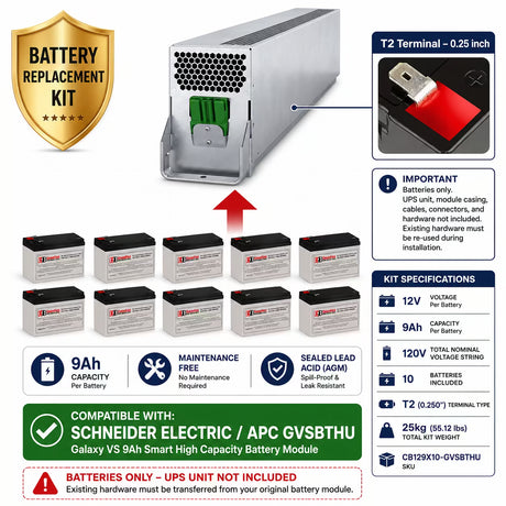 APC GVSBTHU Battery Replacement Kit | 10 x 12V 9Ah AGM Batteries for Galaxy VS UPS UPS Batteries CB Range