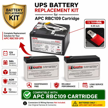 APC RBC109, APCRBC109 Replacement Battery Pack 2 x 12V 9Ah AGM T2 UPS Batteries CB Range