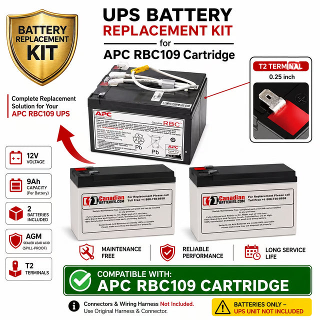 APC RBC109, APCRBC109 Replacement Battery Pack 2 x 12V 9Ah AGM T2 UPS Batteries CB Range