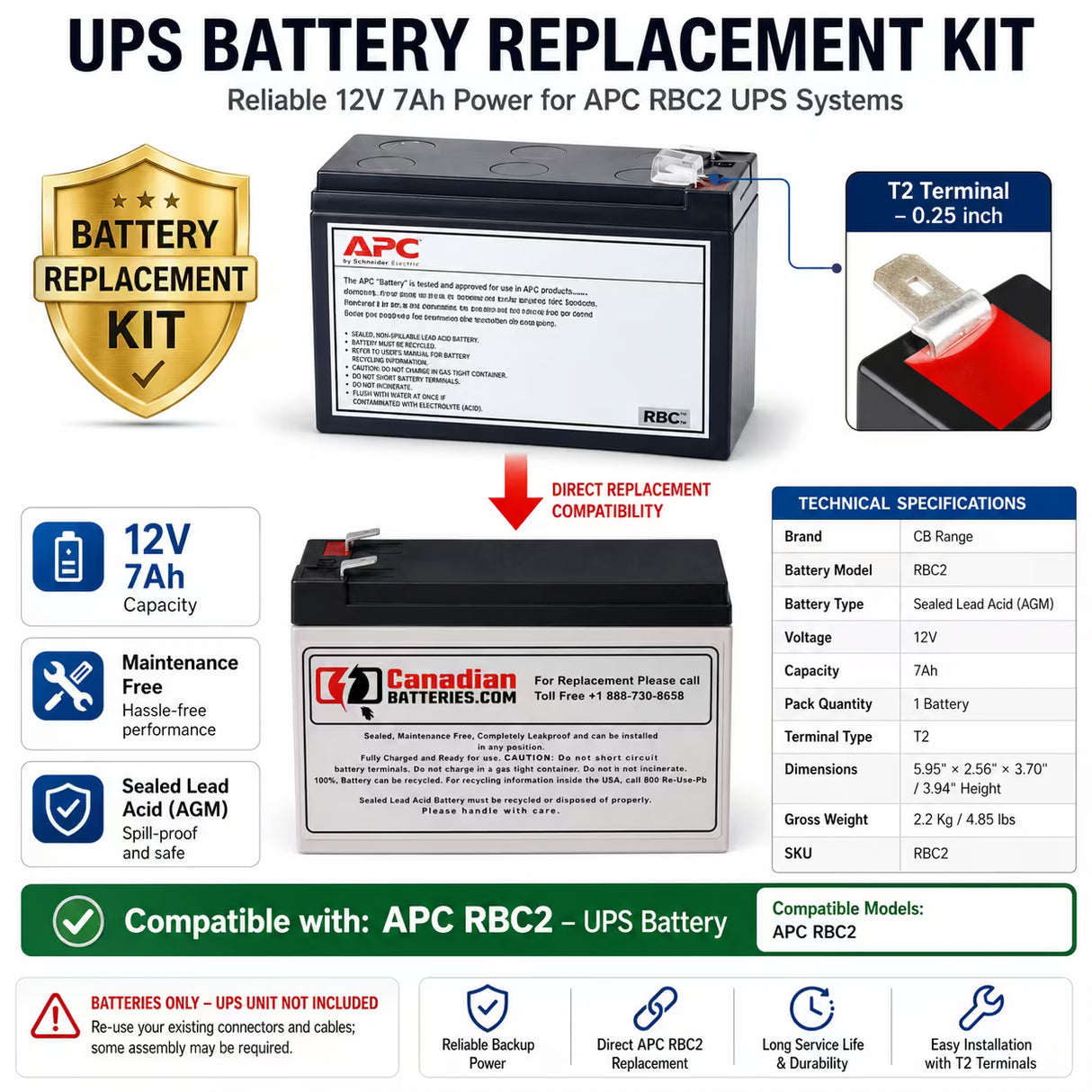 Apc Rbc2 Replacement Battery Cartridge 12v 7ah Backup Battery UPS Batteries CB Range