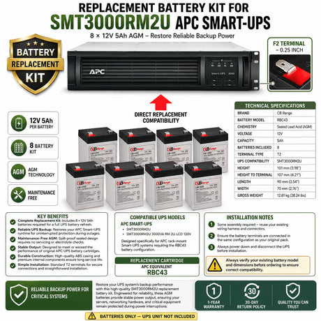 Smt3000rm2u 3000va Rm 2u Lcd 120v Apc Smart UPS Battery (8 X 12V 5Ah) UPS Batteries CB Range