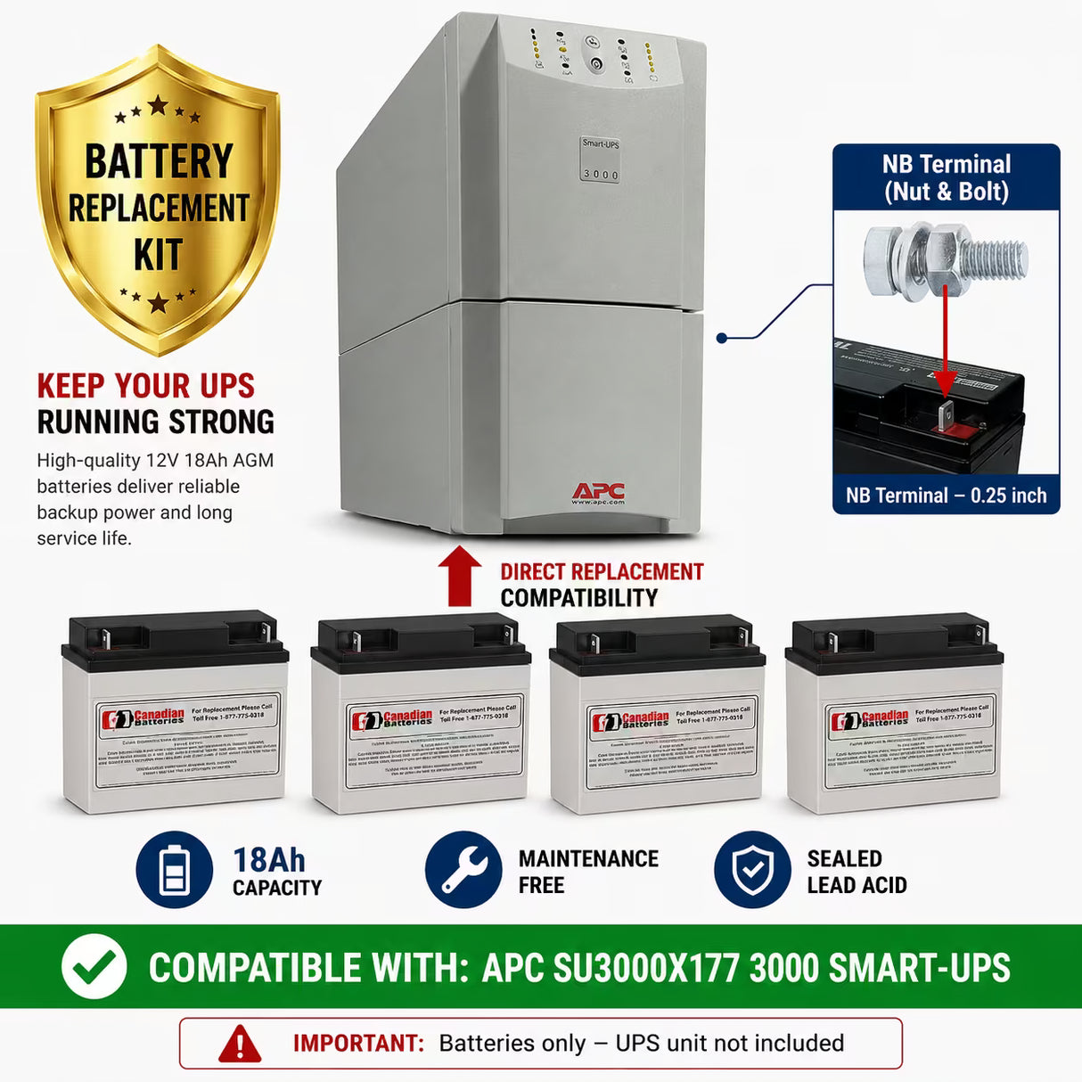 APC SU3000X177 UPS Battery Replacement RBC11 12V 18Ah 4 Pack UPS Batteries CB Range