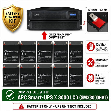 APC Smart-UPS X 3000 LCD (SMX3000HVT) Replacement 10 X 12v 5ah With F2 Terminal UPS Batteries CB Range