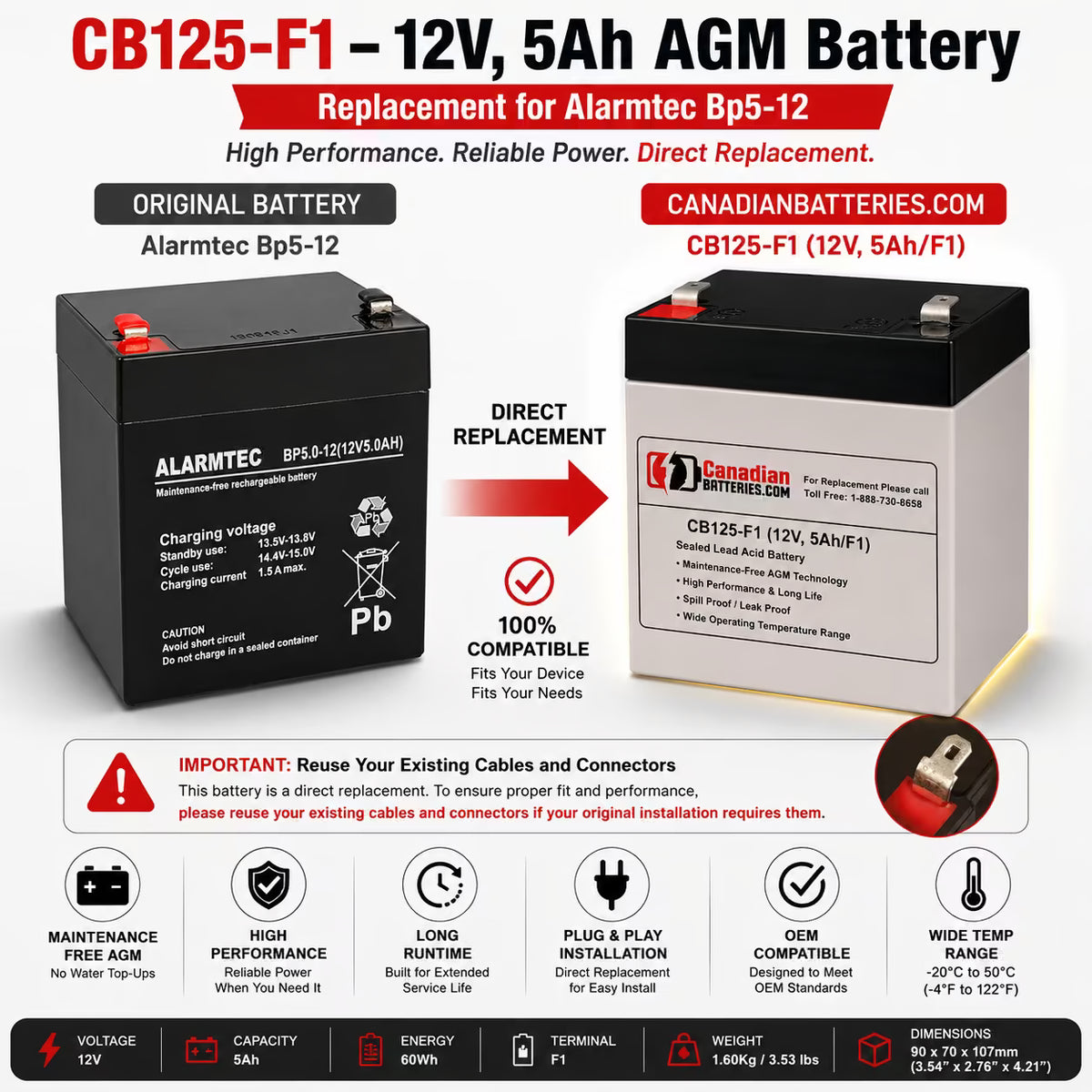 Alarmtec BP5-12 Replacement Battery 12V 5Ah AGM Sealed Lead Acid CB Generic