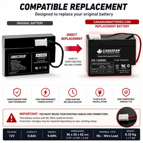 Amstron AP-1208WL Replacement Battery 12V 0.8Ah AGM WL Sealed Lead Acid (Special) CB Generic