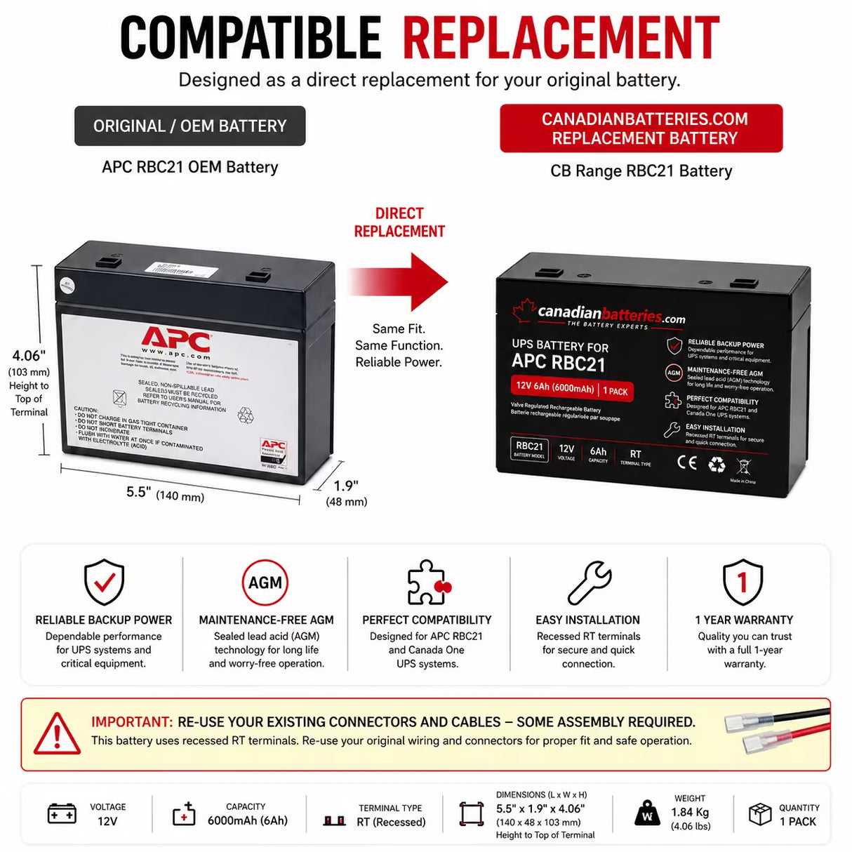 Apc Rbc21 Replacement UPS 12v 6ah Recessed Terminal Battery UPS Batteries CB Range