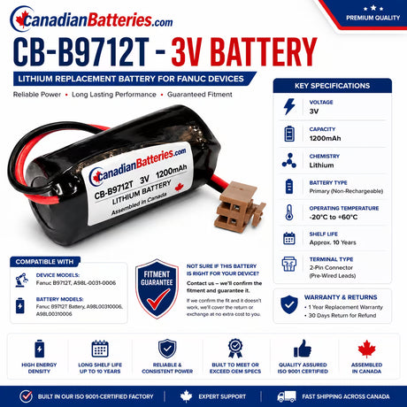 Battery For Fanuc B9712t , A98l-0031-0006 - Brown Connector 3v, 1200 Mah - 4.5wh Robotics Battery BB Generic